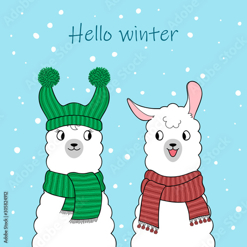 Hello winter. Couple of cute cartoon llamas wearing knitted scarves. Hand drawn illustration