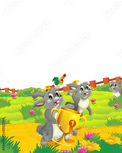 cartoon scene with rabbit on a farm having fun on white background - illustration for children