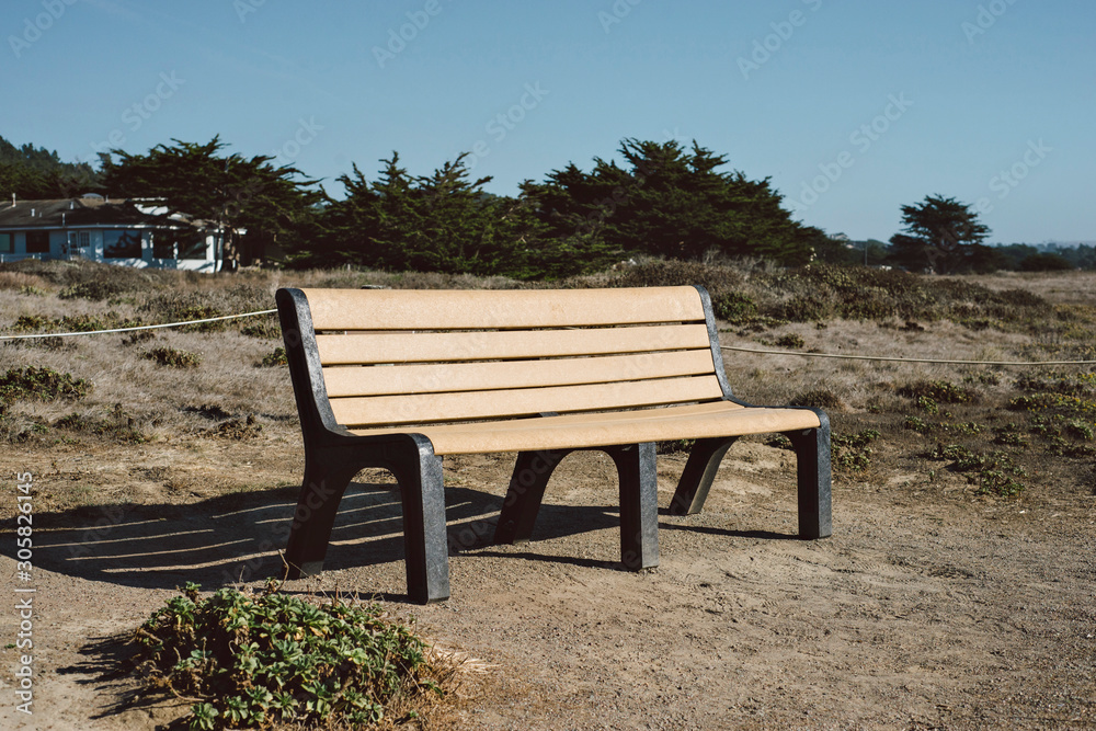 View of a park bench by the seaside on a sunny day View of a park bench by the seaside on a sunny day