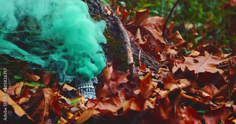 A skull in the woods set against a tree with green smoke pouring out of the eye holes. 4k, shot 60 fps A skull in the woods set against a tree with green smoke pouring out of the eye holes. 4k, shot 60 fps