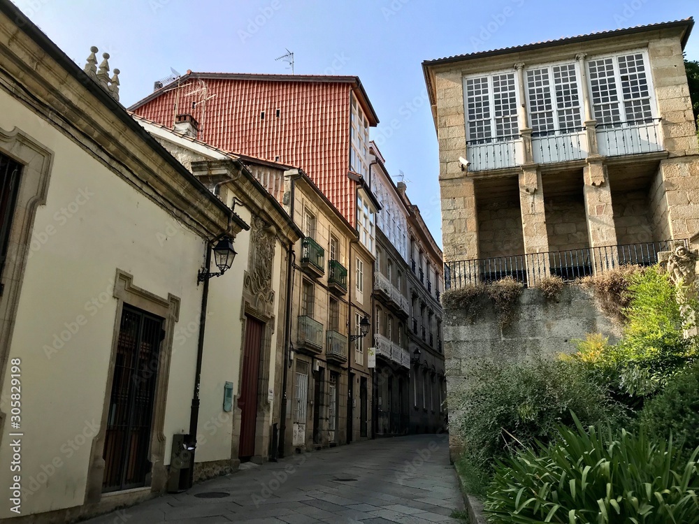 Oursense, Ourense / Spain - August 20 2018: View of the streets of the city center of Ourense in Galicia during a sunny day