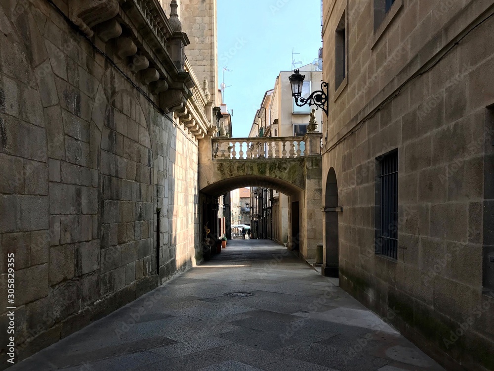 Oursense, Ourense / Spain - August 20 2018: View of the streets and buildings of the city center of Ourense in Galicia during a sunny day