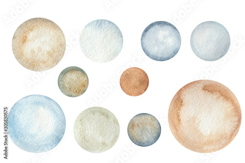 Watercolor round blue, brown, gold texture on white background