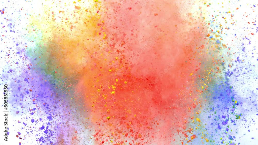 Colorful powder exploding on white background in super slow motion, close-up.