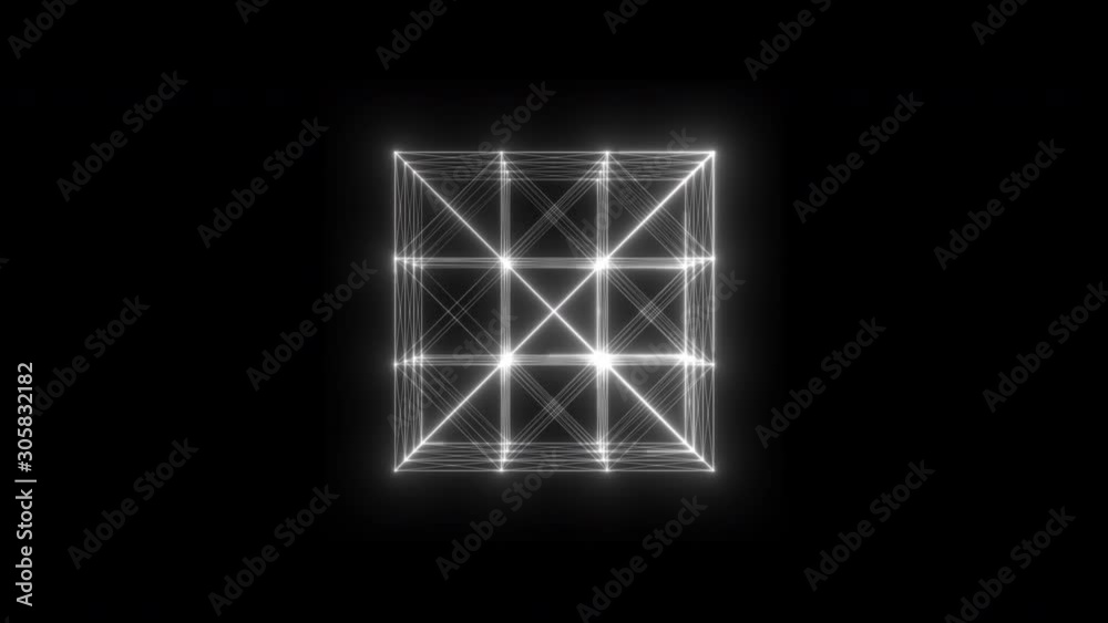 Rotating glowing cube HUD element. Plexus style connecting lines and dots. Seamless loop