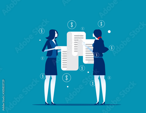 People looking long paper bills. Concept business money bill vector illustration, Debt or Tax