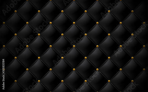 Vector abstract upholstery or matte black leather texture sofa background and antique bronze nails for antique furniture decoration flower head pattern