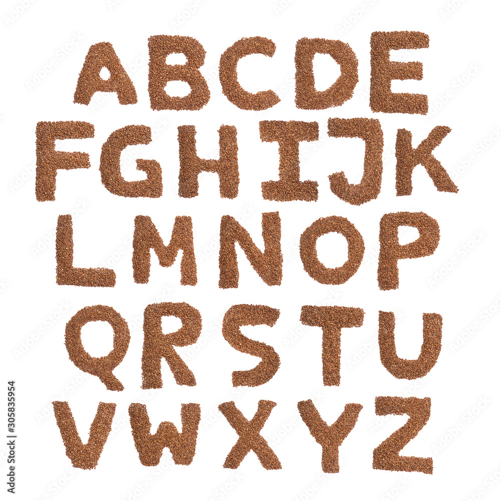 English alphabet from brown dry buckwheat on a white isolated background. Food pattern made from groats. Bright alphabet for shops. Buckwheat for porridge English alphabet from brown dry buckwheat on a white isolated background. Food pattern made from groats. Bright alphabet for shops. Buckwheat for porridge