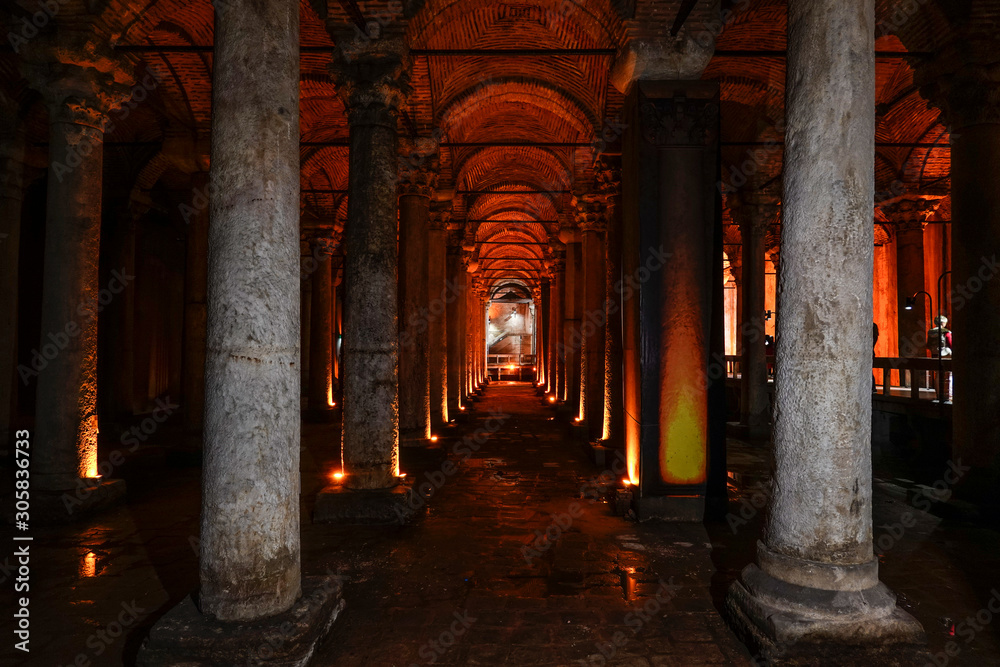 Istanbul, Turkey The interior of the Byzantine Basilica Cistern from 532 used for storing water.