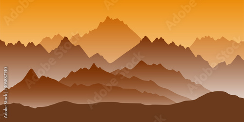 Fantasy on the theme of the morning landscape  sunrise in the mountains  panoramic view  vector illustration