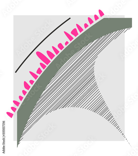 Abstract illustration of tornado with pink shapes on grey background. Lined shapes and forms.