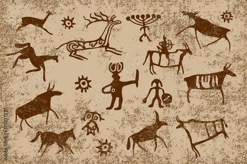 A series of petroglyphs, rock paintings of Siberia, vector design