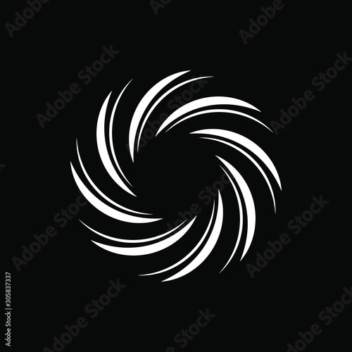 White oblique curved stripes in round form. Geometric art. Black background. Design element for logo, sign, symbol, prints, web, template and textile pattern