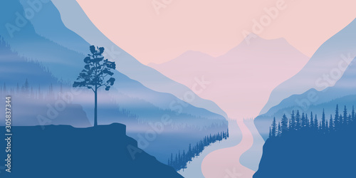 Fantasy on the theme of the morning landscape. Sunrise in the mountains, river and trees. Vector illustration, EPS10 