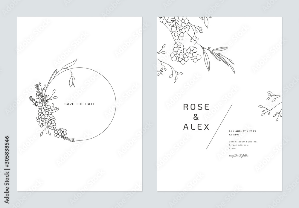 Minimalist wedding invitation card template design, floral black line