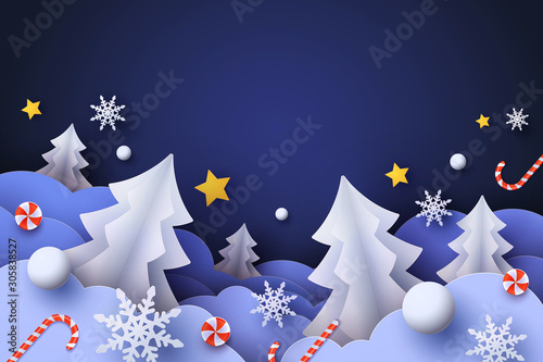 Winter Christmas background with cute paper fir trees, snowdrifts, snowflakes, candy and stars in night sky. Paper cut style. Xmas holiday design, poster, party invitation, greeting card. New Year eve