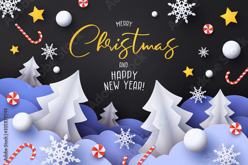 Merry Christmas greeting banner with cute paper fir trees, snowdrifts, snowflakes, candy and stars in night sky. Paper cut style. Winter Xmas holiday design, poster, party invitation, greeting card