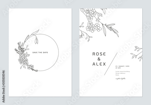 Minimalist wedding invitation card template design, floral black line art ink...