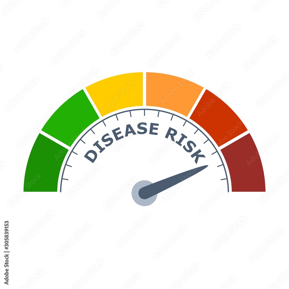 Color scale with arrow from green to red. Disease risk measuring device icon. Sign tachometer, speedometer, indicators. Colorful infographic gauge element Color scale with arrow from green to red. Disease risk measuring device icon. Sign tachometer, speedometer, indicators. Colorful infographic gauge element