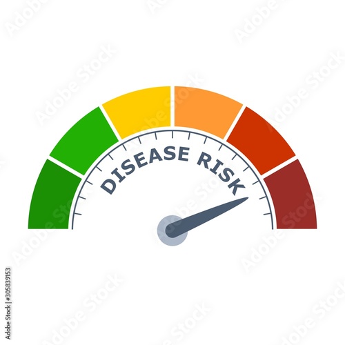 Color scale with arrow from green to red. Disease risk measuring device icon. Sign tachometer, speedometer, indicators. Colorful infographic gauge element