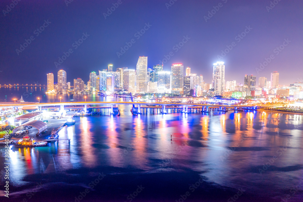 Aerial Miami skyline night long exposure in Miami Beach and MacArthur Causeway Aerial Miami skyline night long exposure in Miami Beach and MacArthur Causeway