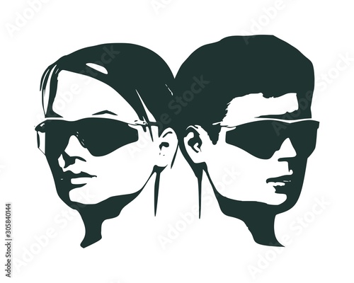 Man and woman silhouettes in black sunglasses. Happy valentines day and wedding design elements. Half turn view.