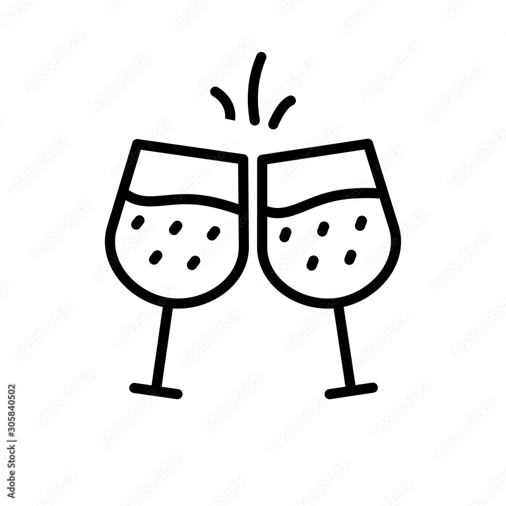Two glass of champagne clinking line vector illustration, Cheers icon Two glass of champagne clinking line vector illustration, Cheers icon