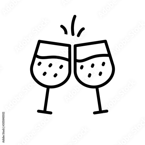 Two glass of champagne clinking line vector illustration, Cheers icon