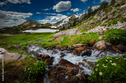 A meandering stream in the Snowy Range Mountain alpine landscape of the Medicine Bow National Forest