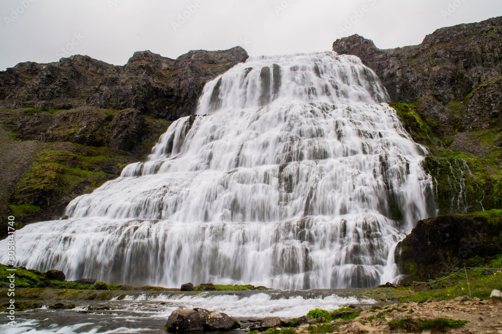 Obraz premium Long exposure of majestic Dynjandi cascade waterfall, Westfjords, Iceland