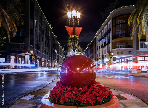 Gigantic Christmas tree ornaments on the street