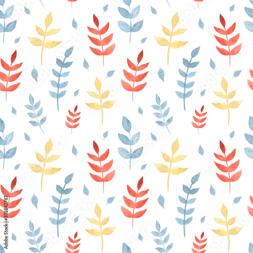 Vintage watercolor abstract seamless pattern with indigo  red  yellow leaves on white background. Modern abstract leaves illustration for fabric  textile. Spring  summer season.