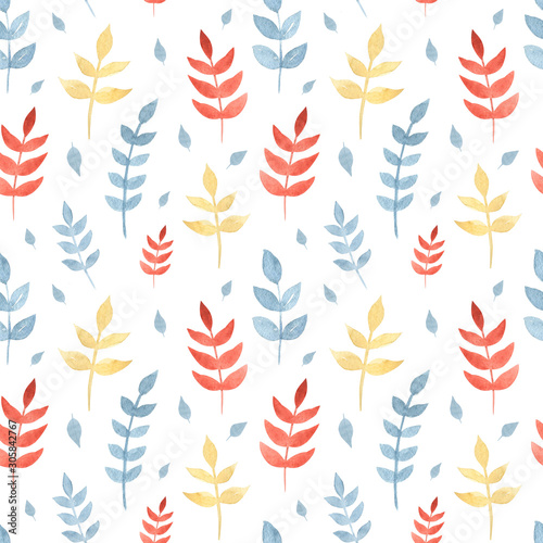Vintage watercolor abstract seamless pattern with indigo, red, yellow leaves on white background. Modern abstract leaves illustration for fabric, textile. Spring, summer season.