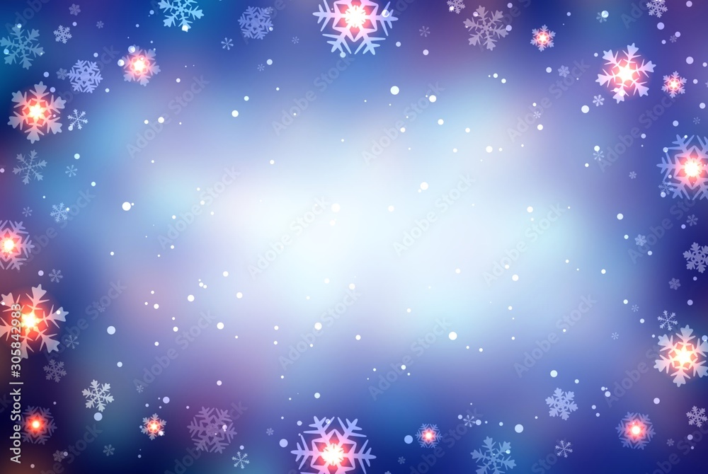 Fototapeta premium Shiny snowflakes frame on dark blue glare background. Empty Christmas illustration. Snow texture. Magic winter festive vignette decor. New Year night.