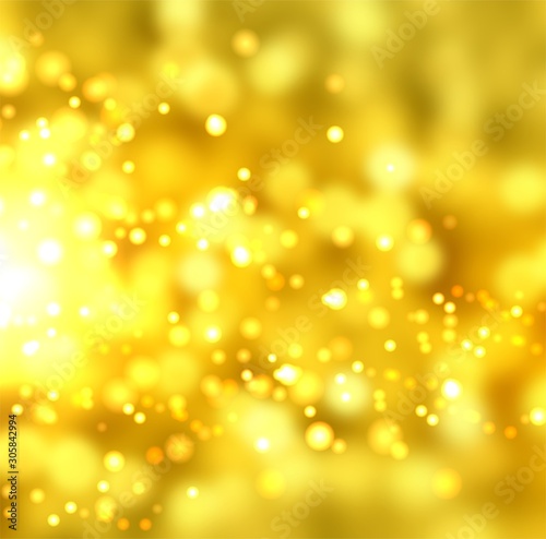 Bubbles and sparkles golden yellow textured blur background. New Year illustration. Festive trend.
