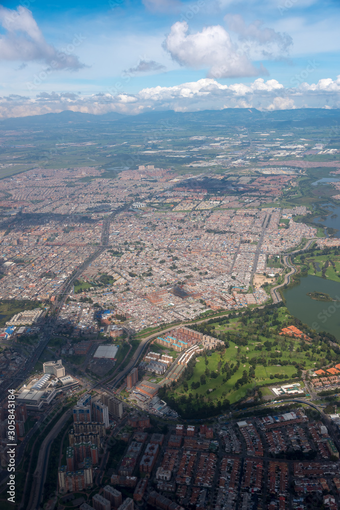 Aerial view of Bogota from a highly populated urban area. Colombia