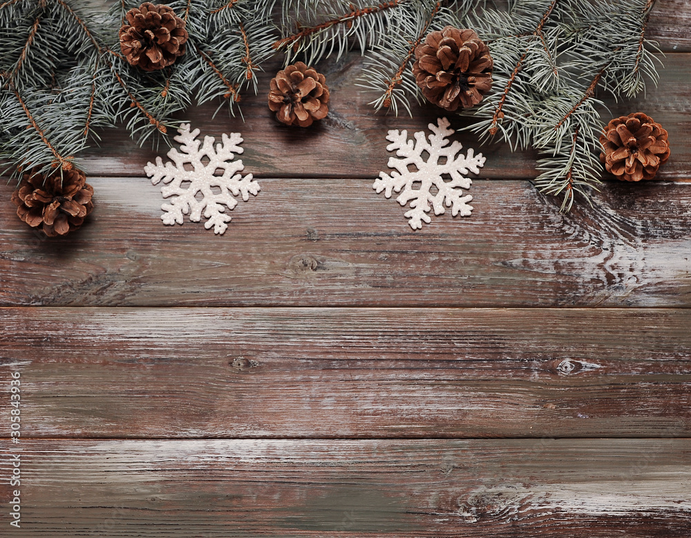Wooden background with christmas decorations.
