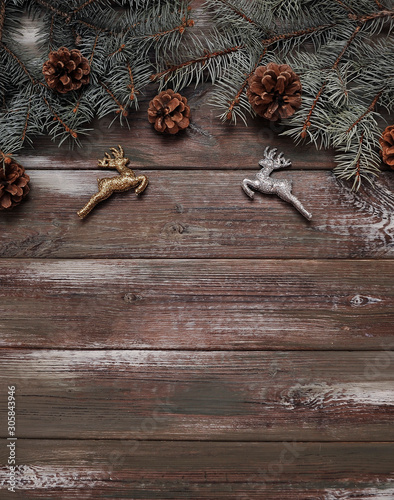 Wooden background with christmas decorations.