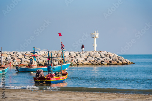 Prachuap Khiri Khan,Thailand - November, 17, 2019 : View of Hua Hin Beach Prachuab Khirikhan in sunset time at Prachuap Khiri Khan,Thailand photo