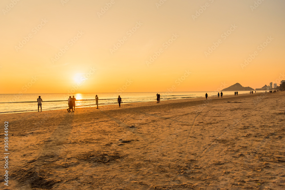 Prachuap Khiri Khan,Thailand - November, 17, 2019 : View of Hua Hin Beach Prachuab Khirikhan in sunrise moning time at Prachuap Khiri Khan,Thailand Prachuap Khiri Khan,Thailand - November, 17, 2019 : View of Hua Hin Beach Prachuab Khirikhan in sunrise moning time at Prachuap Khiri Khan,Thailand