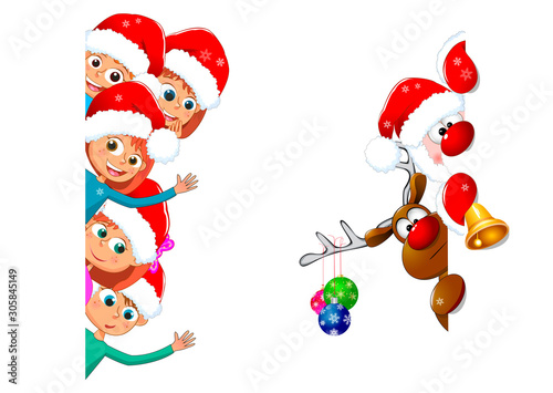 Kids and Santa Claus with a deer. Little children and Santa with a deer on a white background. Children happily greet Christmas