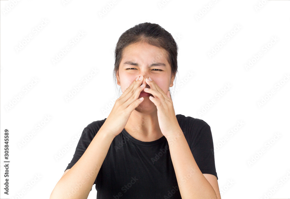 asian woman feel smell foul in white background asian woman feel smell foul in white background