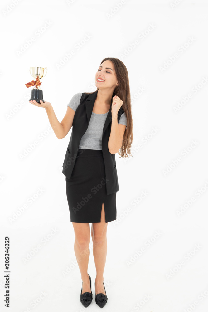 Women dressed in skirts and T-shirts and waistcoats Wear shoes Holding a trophy of honor Pretending to be happy and excited to receive the trophy Shot on a white background