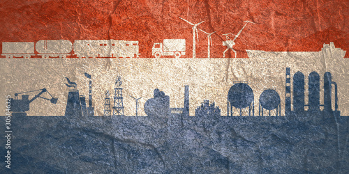 Energy and power icons set on Netherlands flag backdrop. Header or footer banner. Sustainable energy generation, transportation and heavy industry.