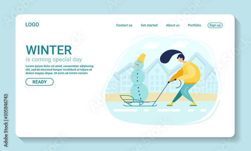 Landing page Girl in warm clothes makes a snowman and lugs him on sled. Flat illustration isolated character on white background. Walking Outdoors house, holiday mood