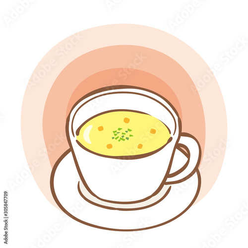 Illustration of corn soup in a soup plate