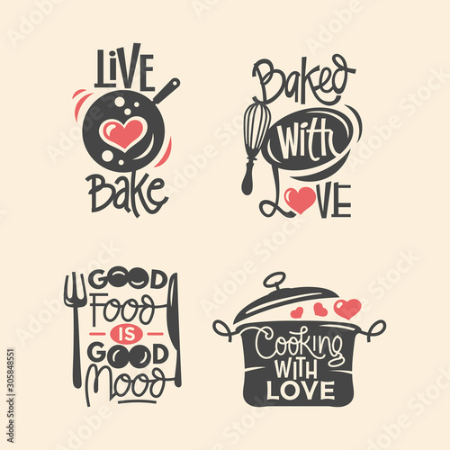 Set of cooking quotes label, typography and lettering vector