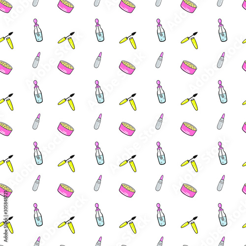 Seamless pattern with cosmetics elements. Patches, lipstick, mascara, serum, powder. Vector version.