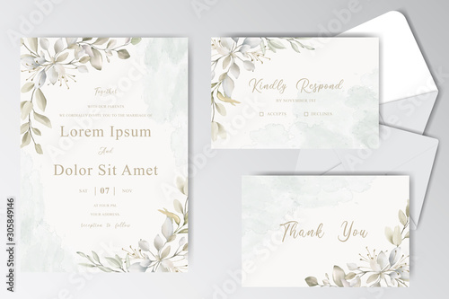 Elegant Watercolor Wedding Invitation Cards Set with Beautiful Leaves
