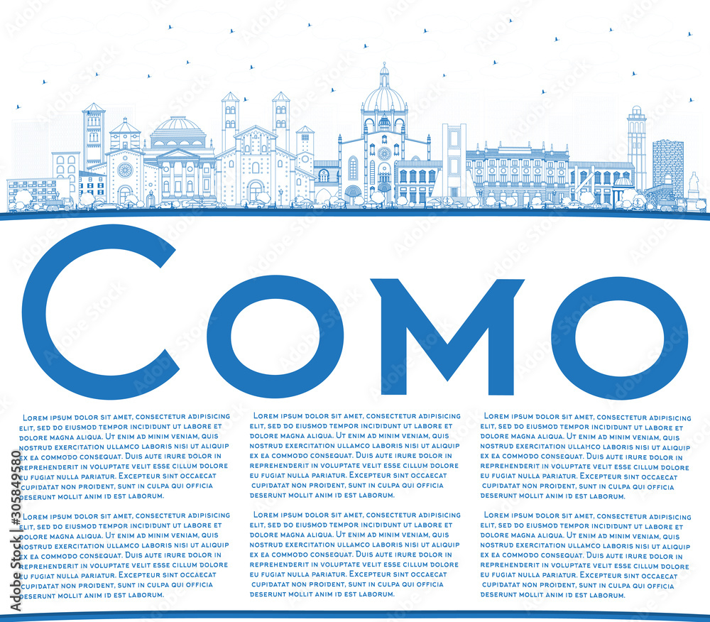 Outline Como Italy City Skyline with Blue Buildings and Copy Space.